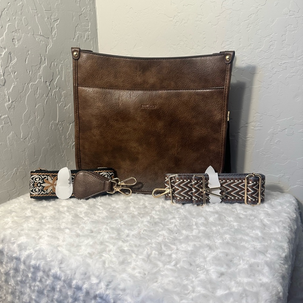 NWT Brown Crossbody Bag with Patterned Straps. Vegan Leather. Bohemian Style